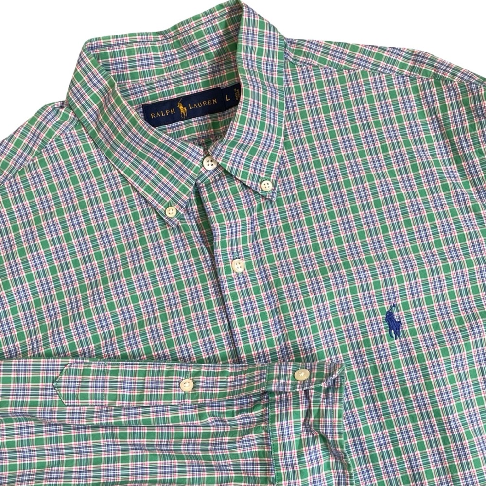 Ralph Lauren Classic Fit Button Down Shirt Mens L Green Pink Gingham Plaid